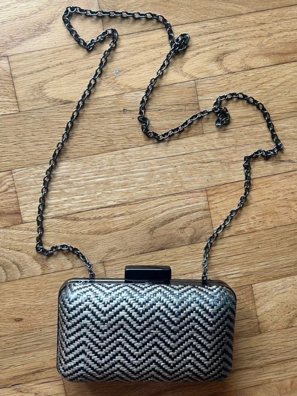 Lenore by La Regale Black Tan Woven Clutch Purse Chain Strap Evening Bag